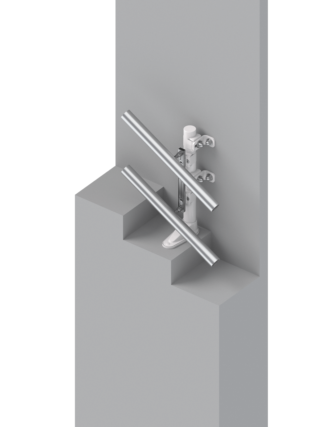 Detailaufnahme einer modernen Treppengeländerbefestigung aus Metall, die an einer grauen Wand montiert ist. Die Halterung zeigt eine elegante, funktionale Konstruktion mit zwei parallel verlaufenden Rohren, die für Sicherheit und Stabilität sorgen. Ideal für Innen- und Außentreppen.