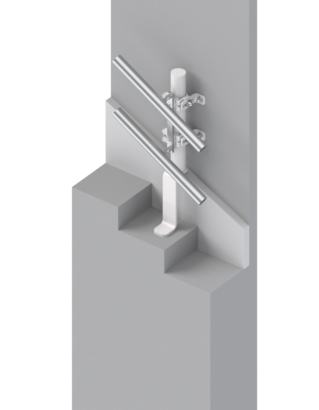 Technische Darstellung eines Treppengeländers mit vertikalen und horizontalen Elementen, das an einer Wand montiert ist. Ideal für die Planung von Sicherheitslösungen in Innenräumen.