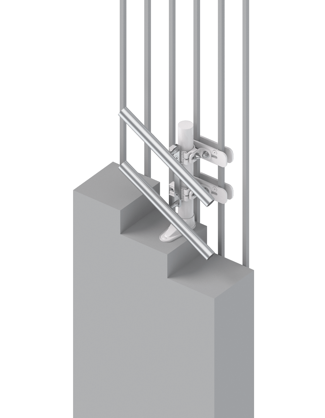 Detailansicht eines Verbindungselements für Bauprojekte, das zur Stabilisierung von Stahlbeton verwendet wird. Das Bild zeigt eine innovative Konstruktion mit mehreren Stahlstäben und einem zentralen Halterungssystem, das eine sichere Verbindung gewährleistet. Ideal für technische Dokumentationen und Bauanleitungen.