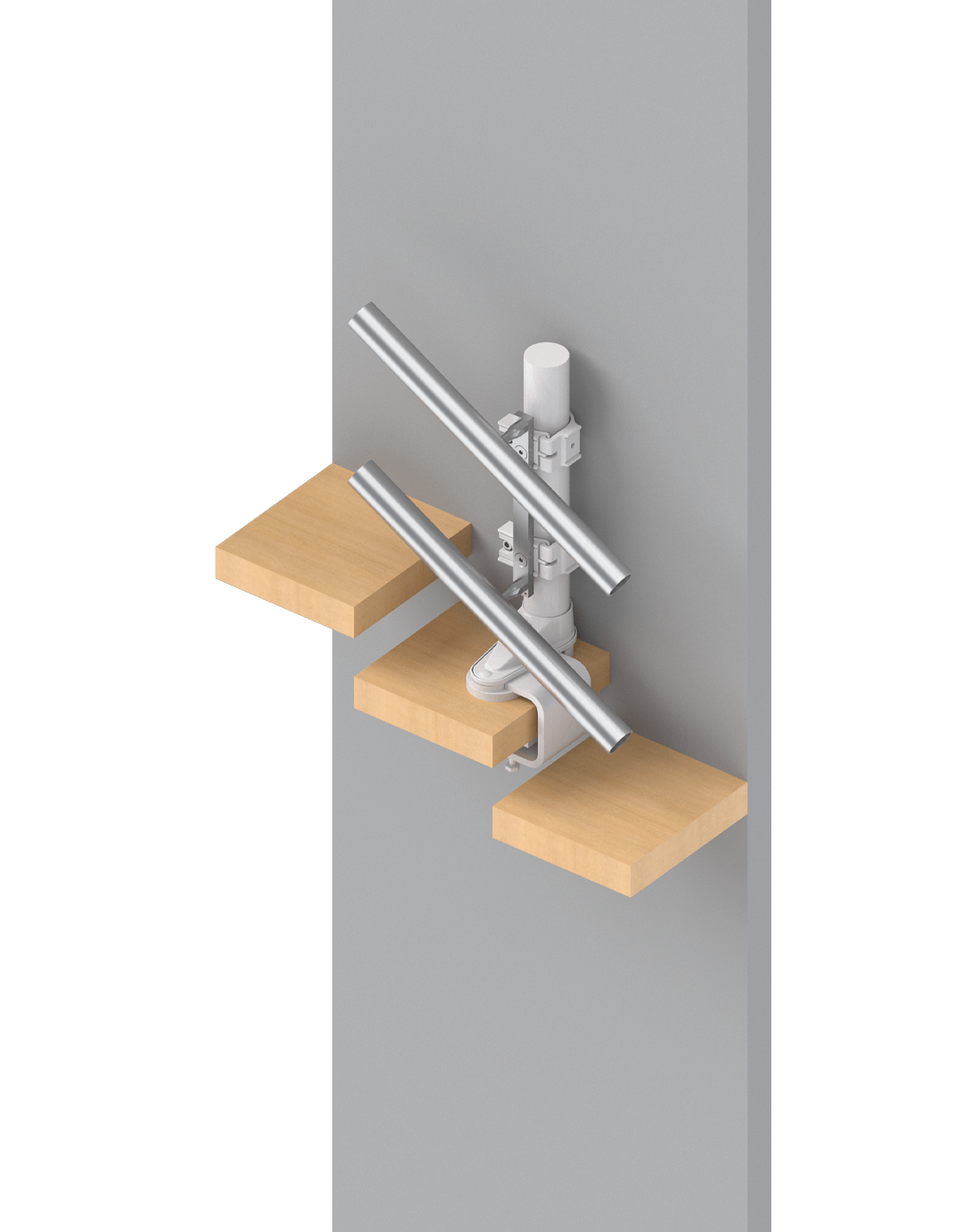 Modulares Regalsystem mit zwei Holzablagen und einer vertikalen Metallstütze, die mit schrägen Metallrohren verbunden ist, ideal für moderne Wohn- und Arbeitsräume.