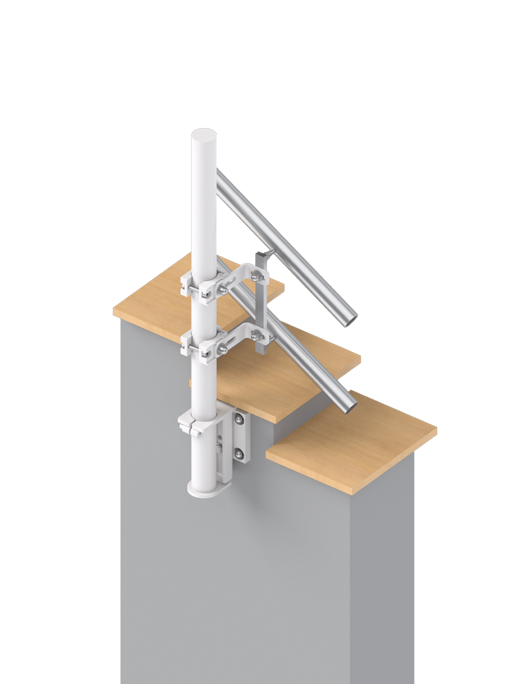 Detailansicht eines modernen Geländersystems mit zwei horizontalen Handläufen und einer stabilen Befestigung an einer vertikalen Stütze, ideal für Treppen oder Podeste.