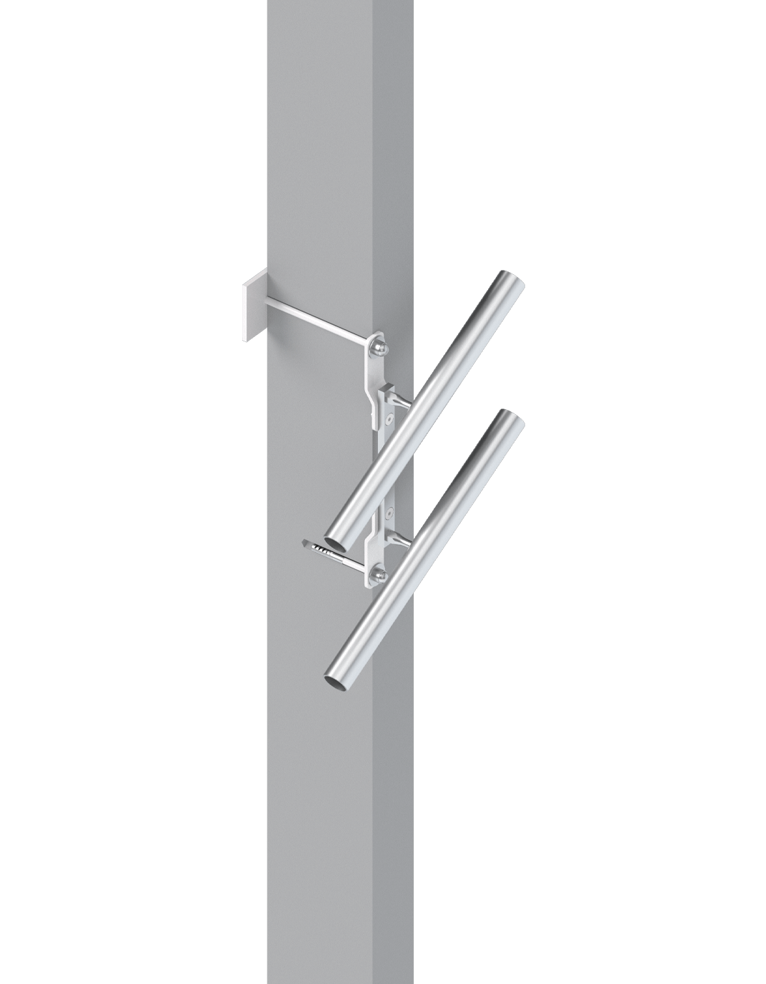 Montagehalterung für zwei Rohre an einem vertikalen Träger, ideal für die Installation in industriellen oder gewerblichen Anwendungen. Die Halterung bietet Stabilität und Flexibilität für verschiedene Rohrdurchmesser.