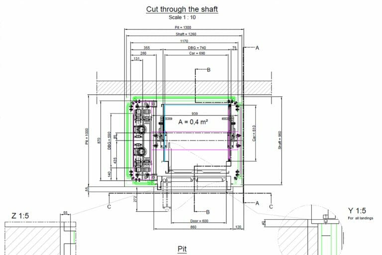 Konstruktionszeichnung vom kleinsten Aufzug