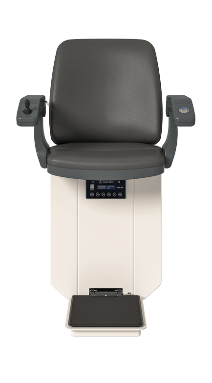 Moderne ergonomische Sitzgelegenheit mit grauem Polster, Armlehnen und Bedienelementen, ideal für medizinische Anwendungen oder komfortable Wartebereiche.