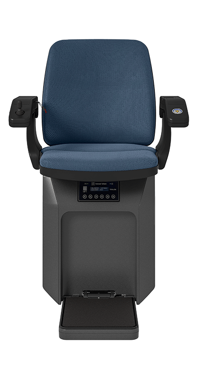 Moderne ergonomische Sitzgelegenheit mit blauer Polsterung, Armlehnen und Bedienelementen für individuelle Einstellungen, ideal für Büros oder Wartebereiche.