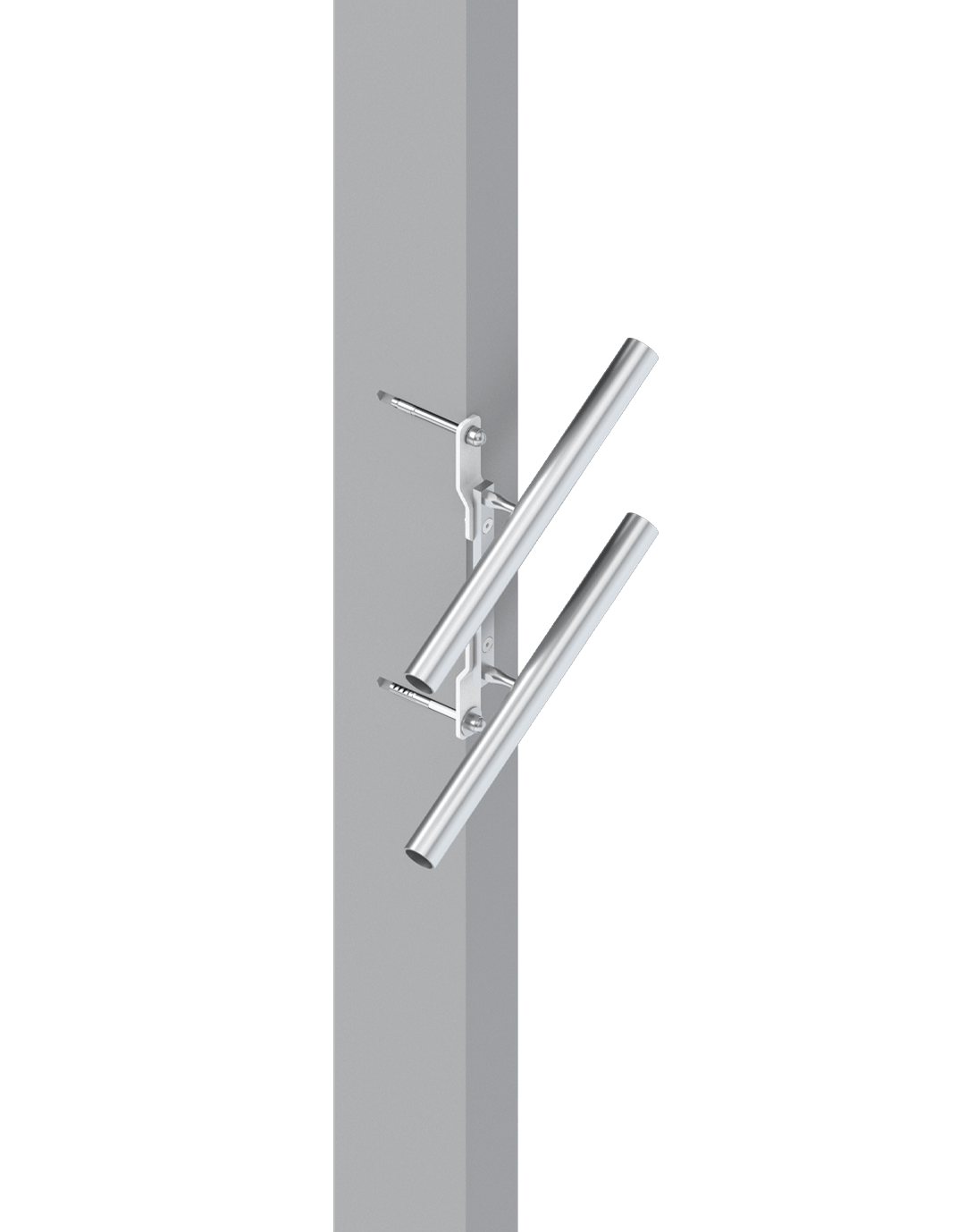 Montagehalterung für zwei Rohre an einem vertikalen Träger, ideal für verschiedene Anwendungen in der Konstruktion und Industrie. Die Halterung bietet Stabilität und Flexibilität bei der Installation von Rohrsystemen.