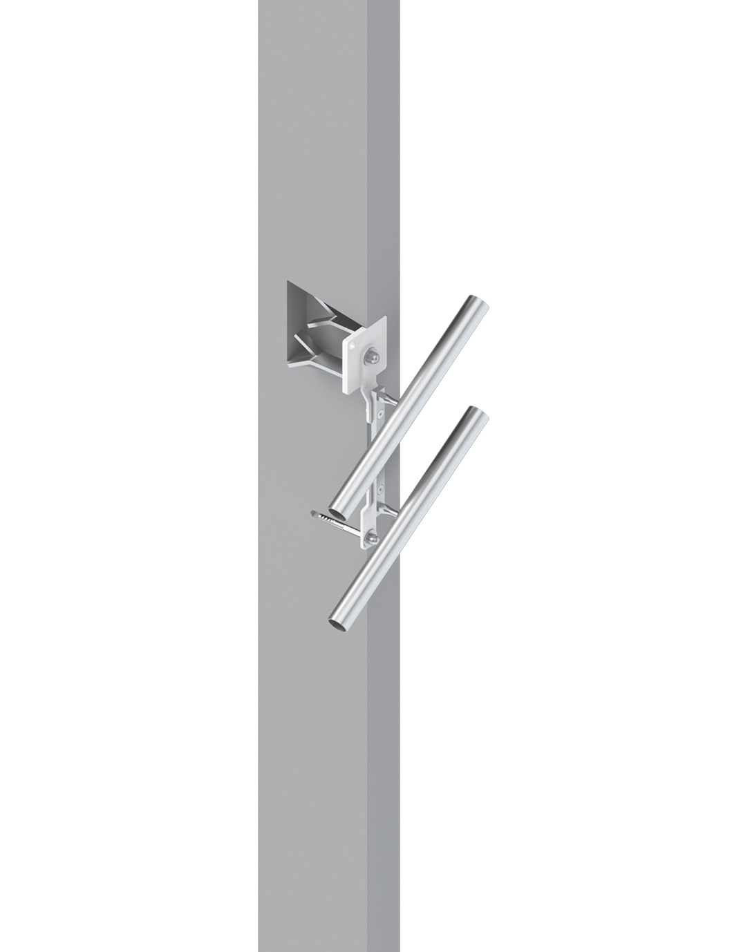 Moderne Aluminiumhalterung für die Montage von Leuchten an vertikalen Oberflächen, zeigt eine elegante und funktionale Konstruktion mit zwei Leuchtrohren und einem robusten Befestigungselement. Ideal für die Innen- und Außenbeleuchtung.