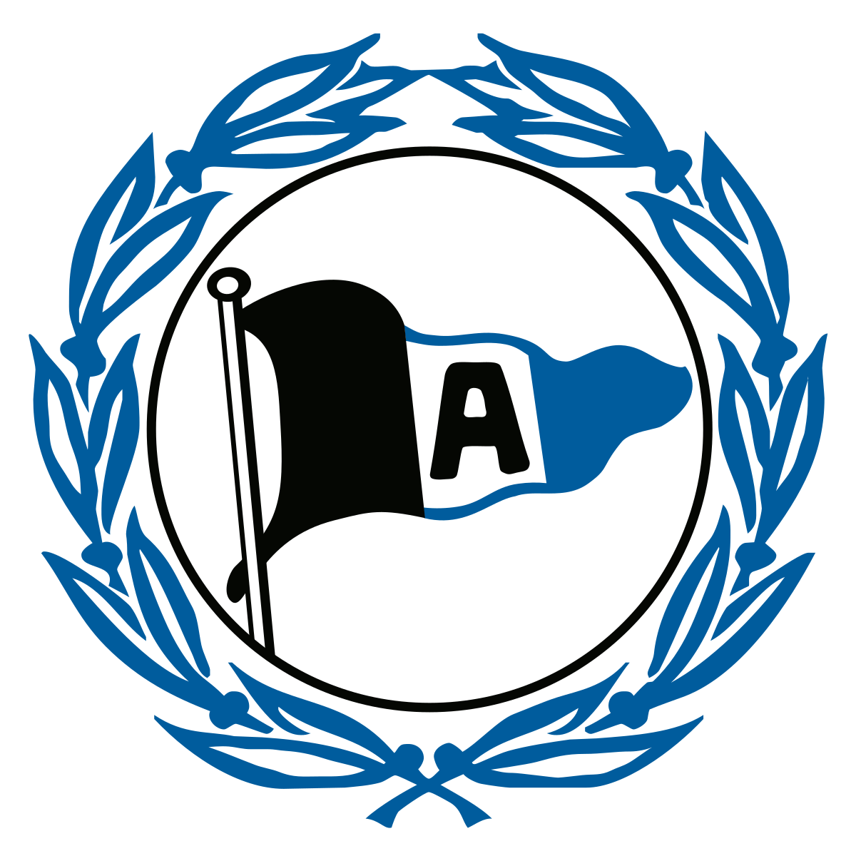 Arminia-wappen-2021.svg Logo des Fußballvereins Arminia Bielefeld, umgeben von einem blauen Lorbeerkranz, zeigt eine schwarz-blaue Fahne mit dem Buchstaben A.