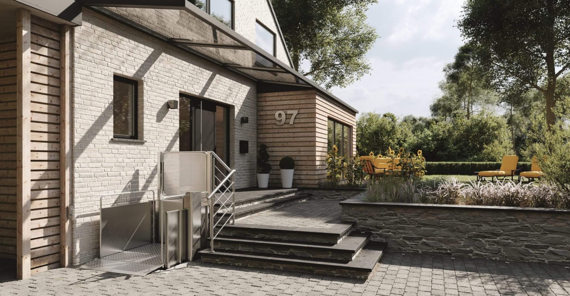 Moderne Wohnhausfassade mit Treppe und Eingangsbereich, nummeriert mit 97, umgeben von gepflegtem Garten und Sitzmöglichkeiten im Freien.