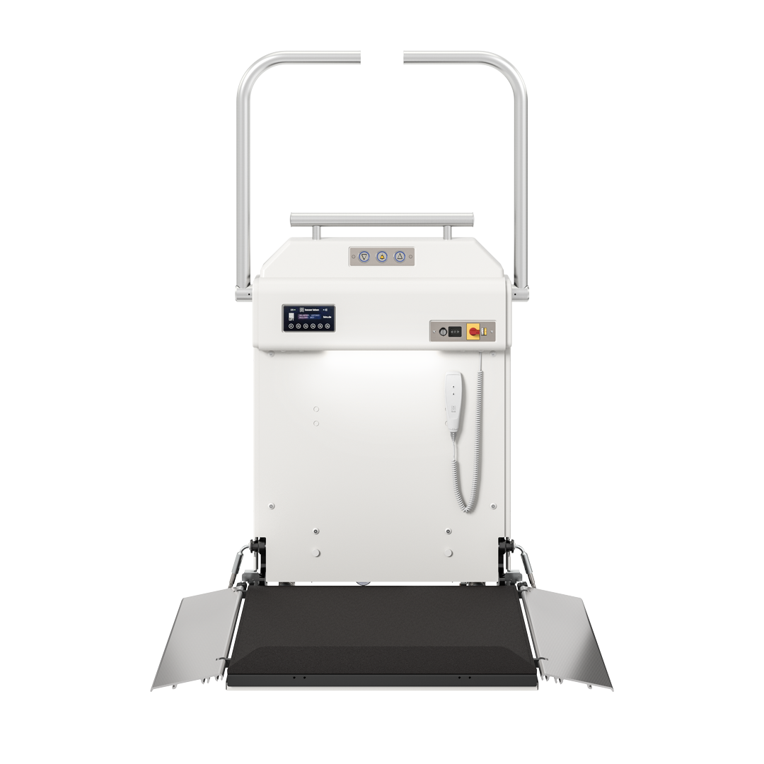 Hintergrundbild einer modernen Hebebühne mit Bedienfeld, Sicherheitsfunktionen und ausklappbarer Plattform, ideal für barrierefreies Design und Unterstützung von Menschen mit Mobilitätseinschränkungen.